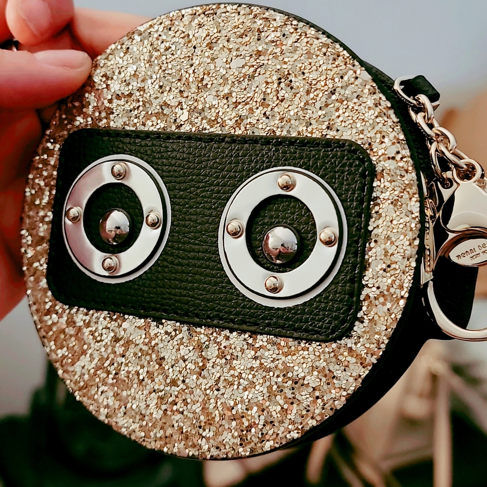 🤖HENRI BENDEL ROBOT GOLD GLITTER CENTENNIAL STRIPE BAG CHARM COIN PURSE♡♡NEW◇◇